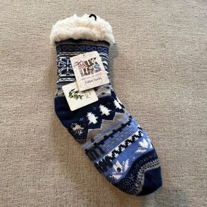 Muk Luks Cabin Socks Navy Blue Fair Isle Faux Shearling Lined Slipper Socks L/XL